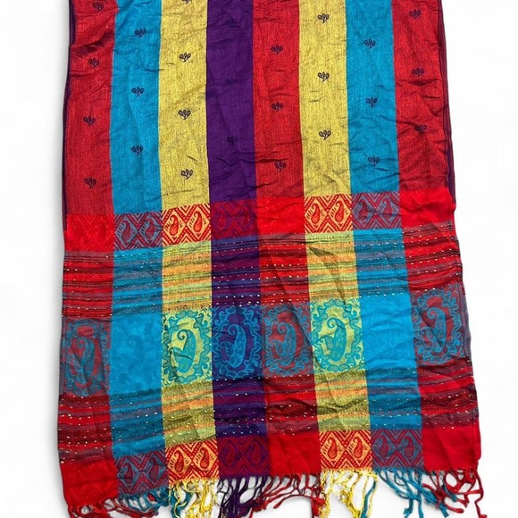 Boho Multicolor Fringe Scarf/Shawl Festival Hippie Colorblock - Picture 3 of 5